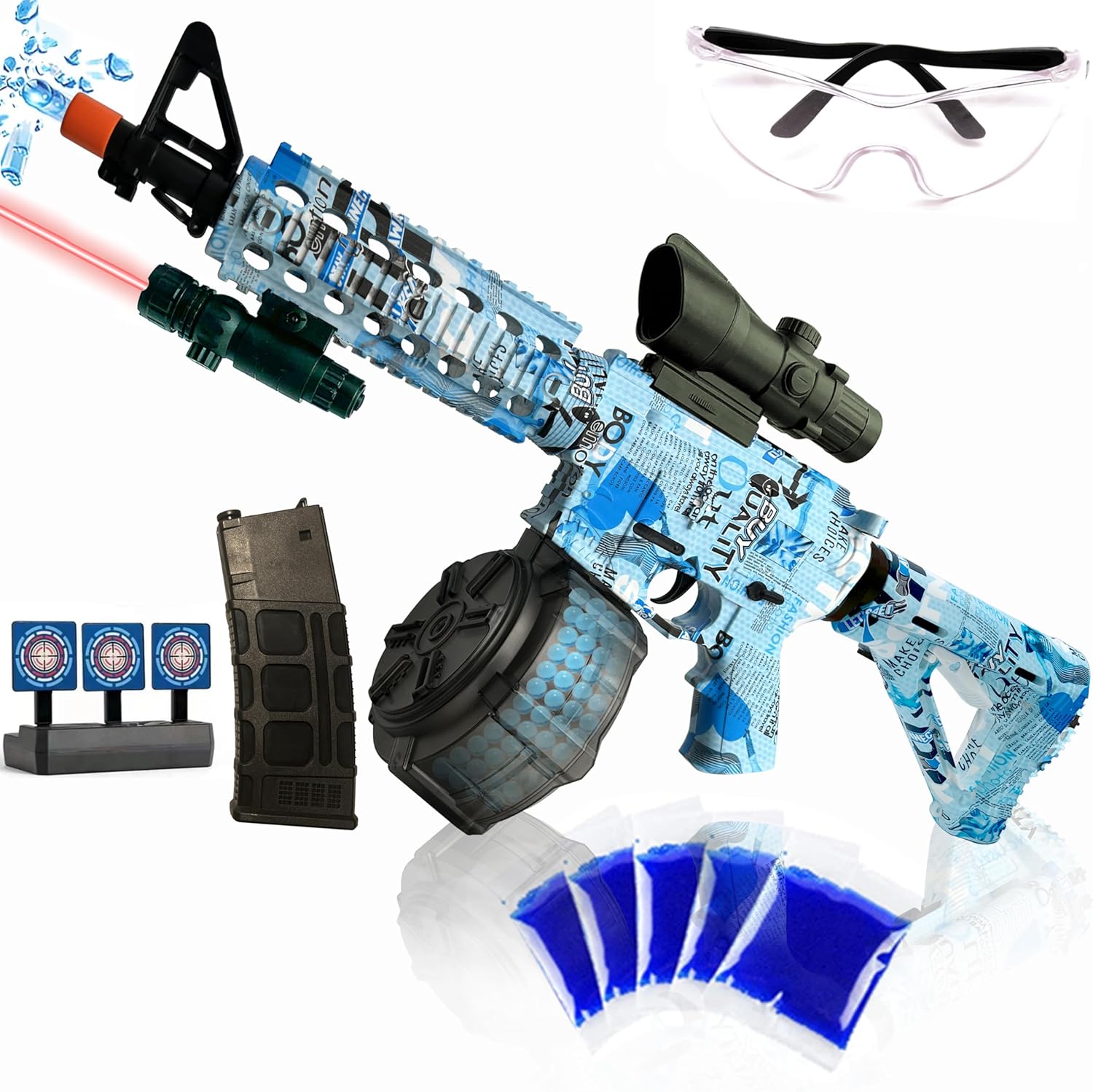 Large M416 Gel Ball Blaster,Orby,with Goggles, with Drum, Manual & Electric Dual Mode Gel Ball Blaster, for Team Game – Ages 14 +(Blue)