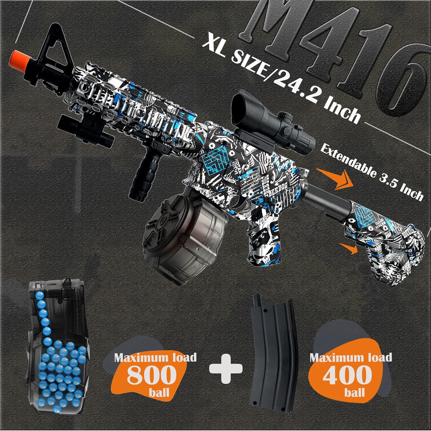 Large M416 Gel Ball Blaster,Orby,with Goggles, with Drum, Manual & Electric Dual Mode Gel Ball Blaster, for Team Game – Ages 14 +(Blue)