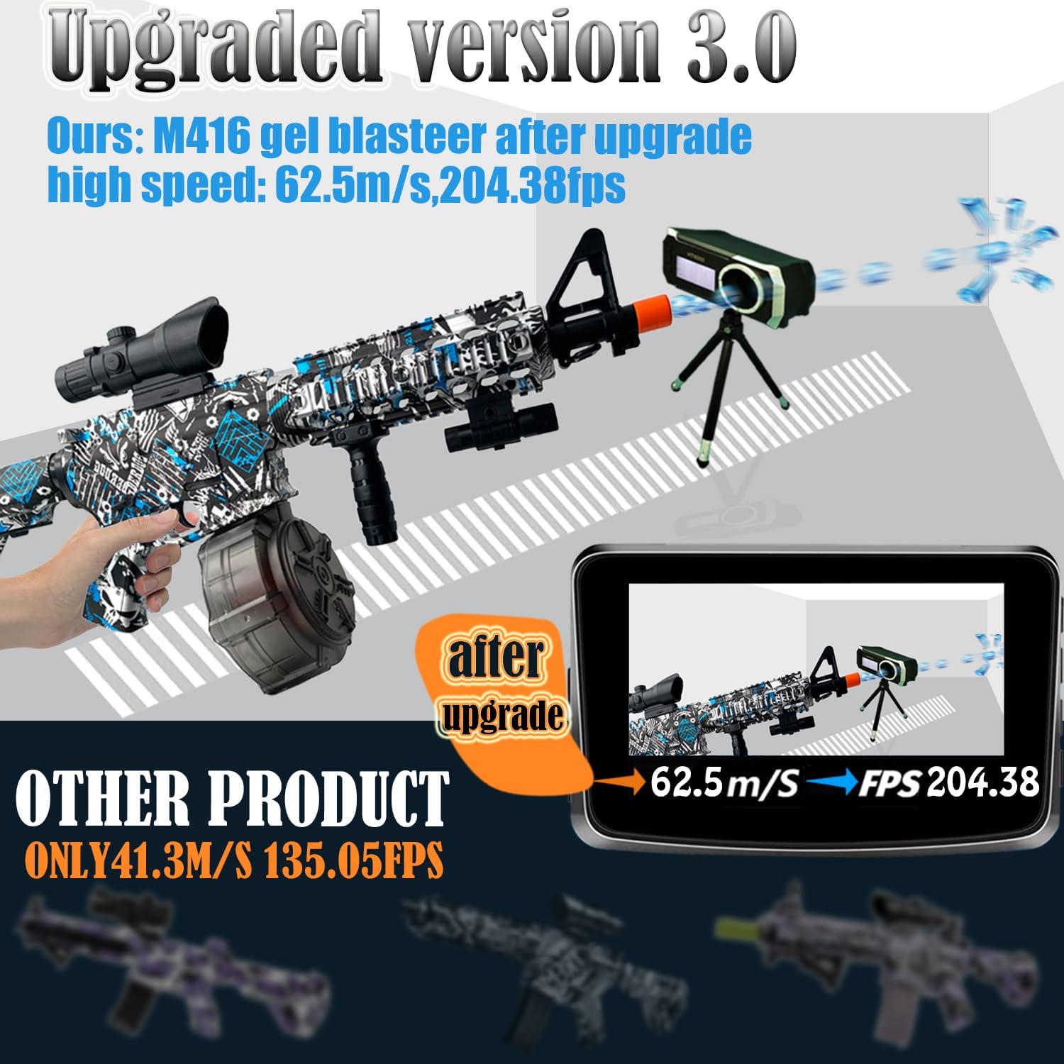 Large M416 Gel Ball Blaster,Orby,with Goggles, with Drum, Manual & Electric Dual Mode Gel Ball Blaster, for Team Game – Ages 14 +(Blue)